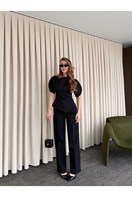 Cut-Out Balloon Sleeve Asymmetrical Cut-Out Detail Premium Series Short Sleeve Waist-Tapered Blouse Palazzo Pants Set