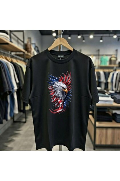 America Flag Eagle Printed 100% Cotton Oversized Loose Fit Regular Fit Crew Neck T-Shirt
