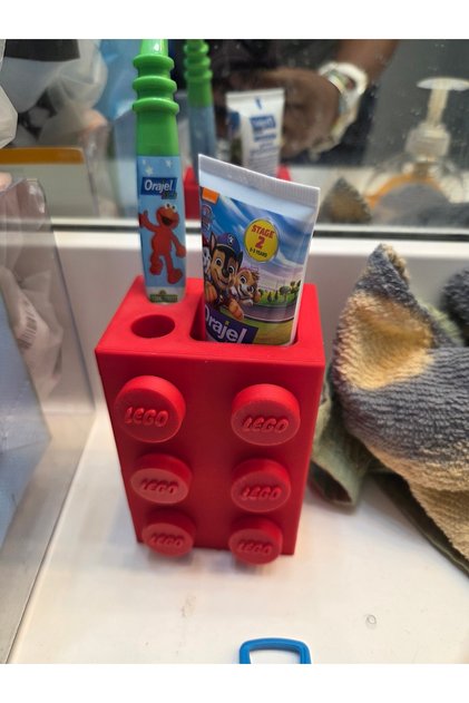 Çocuklar İçin Lego Görünümlü Diş Fırçalık Renkli Banyo Organizeri & Diş Macunu Tutucu Kırmızı