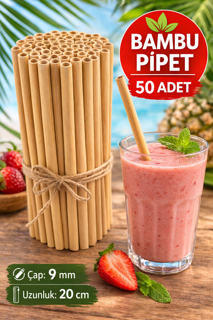 50 Adet Bambu Pipet 9mm x 20cm Kalın Smoothie Pipeti Doğal Çevre Dostu