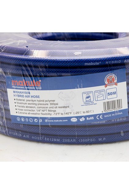 50m Hybrid Air Hose, 300 PSI Max Pressure, 1/4" NPT Fittings, All-Weather Flexible Polymer -