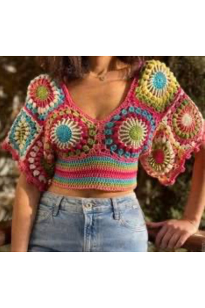 renklı yazlık el orgu motıflı bohem pembe crop bluz