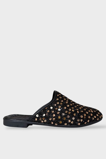 Women's Shiny Sequin Detailed Daily Comfortable Bohça Çeyiz House Slippers Black - Gold