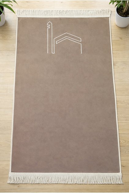 Kabe Embroidered Luxury K Velvet Prayer Rug - Dowry Gift, Hajj and Umrah Gift Prayer Mat - Beige