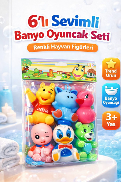 Ayıcık Fil Ördek Bebek Renkli Plastik 6 Fiğürlü Öten Banyo Çoçuk Oyuncak Seti