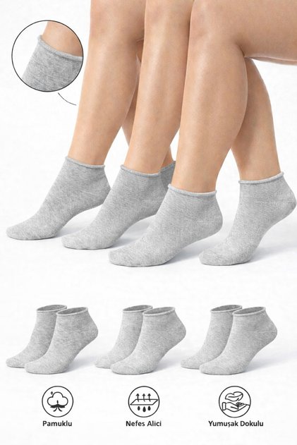 Cotton Women's Non-Elastic Gray Short Socks Stitch-Free Premium Socks 3-Piece / Non-Marking / Non-Tightening Socks