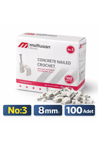 No:3 Çivili Kroşe 8 mm Beton Çivili Kablo Kroşesi 2x1.5 - 3x1.5 Antigron 100 Adet