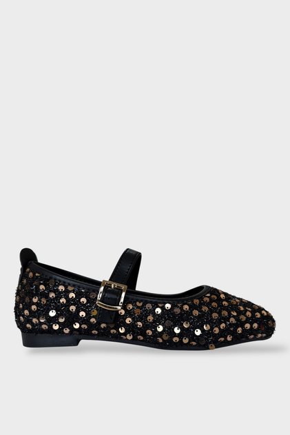 Shiny Sequin Detailed Belt Pack Buckled Day Stylish Women's Shoes Ballet Flats Black - Gold