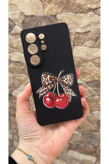 Samsung Galaxy S26 Ultra Compatible Cherry Bow Leopard Printed Pack Silicone Shock-Absorbing Protective Case
