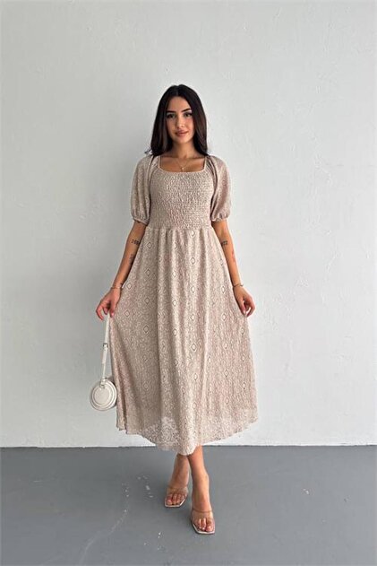 Dipmoda kadın vizon kare yaka dantel elbise DPK053 - Fiyatı, Yorumları