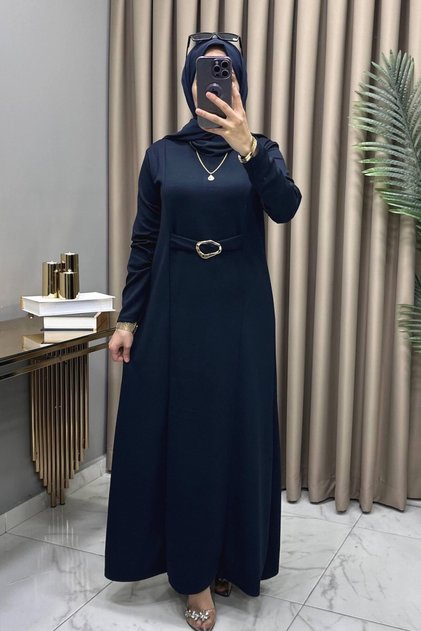 Cevher Dress Navy Blue Oysho Fabric Accessory Detail Dress