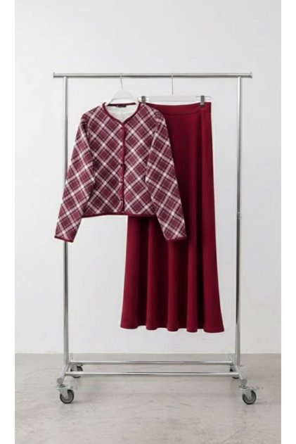 Women's Square Patterned Two-Piece Set Claret Red