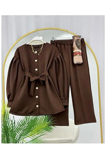 Women's Shoulder Pleated Belted Double Suit Set Brown