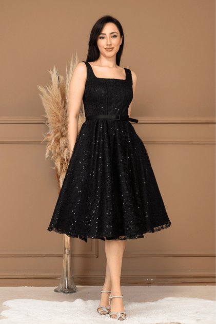 Lace Sequin Balen Detailed Midi Dress - Black