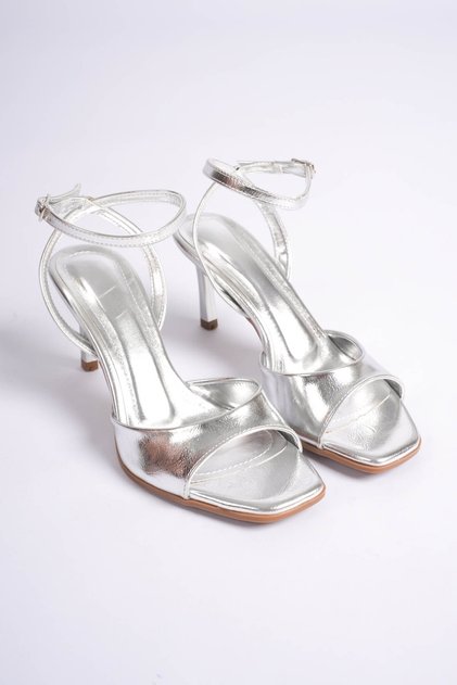 Milano Women's Silver Blunt Toe Single Band Open Toe Heeled Shoes