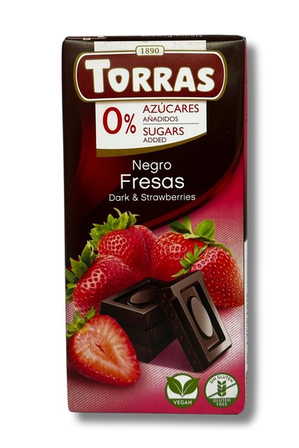 Ciocolata neagra cu capsuni fara zahar si fara gluten, Torras, 75g