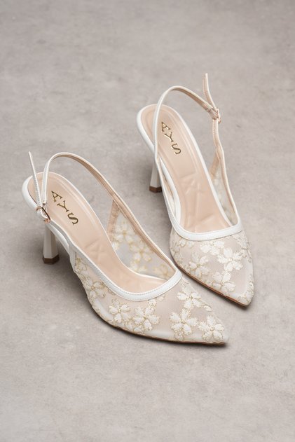 Women's Floral and Lace Mesh Detailed Engagement Wedding Henna Girl Request Bridal Heeled Evening Dress Shoes