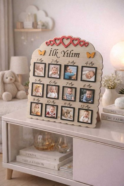 İlk Yılım Fotograf Çerçevesi Bebeb Anı Panosu Ahşap 12 Ay Fotograf Sergileme Alanı Bebek Hediyesi