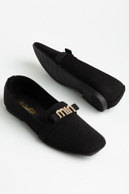 Women's Ballet Flats Black Textile Material Blunt Toe Stoned Bow
