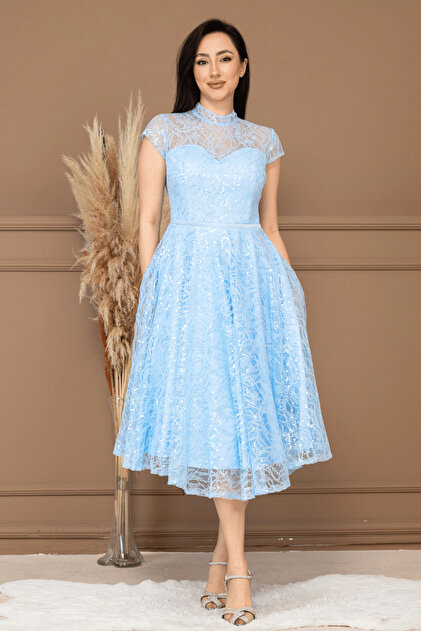 BEYBOS Lace Sequin Midi Dress - Baby Blue- Trendyol BEYBOS Lace Sequin Midi Dress - Baby Blue- Trendyol