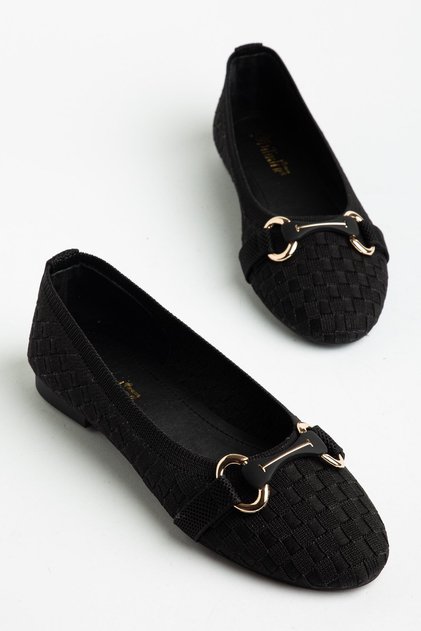 Plus Size Women's Ballet Flats Black Textile Knitted Patterned Buckled