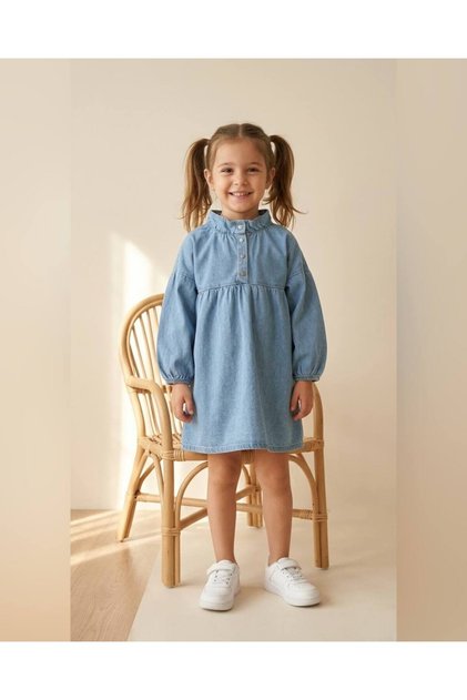 Lily Co Girl's High Neck Balloon Sleeve Jean Dress