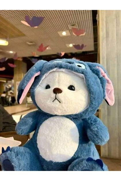 Stitch kostümlü şapkalı sevimli peluş ayıcık 30 cm