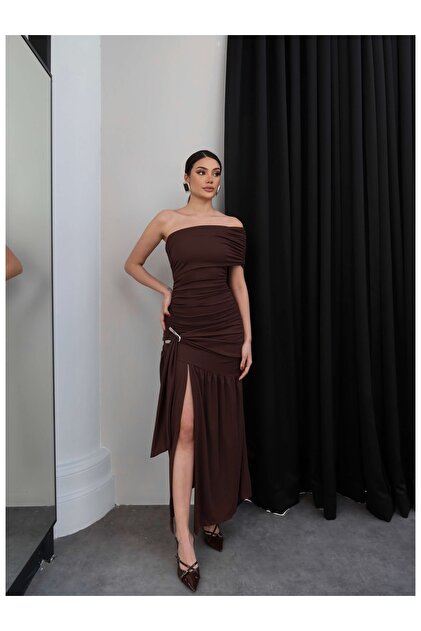 one shoulder buckle dress David Meister One Shoulder Buckle Ruffle Stretch Rayon Jersey Dress 12