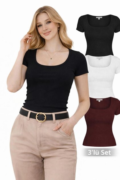 3-Piece Set Women's U-Neck Basic Blouse, Stretchy Corded Fabric Casual T-Shirt, Trend Casual Short Sleeve Blouse, T-Shirt