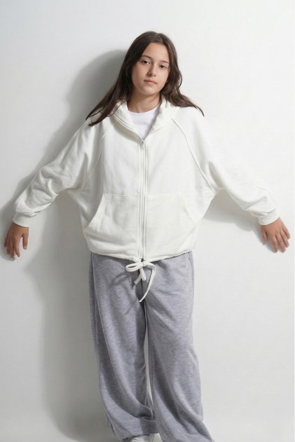 Young Girl's White Zippered Hooded - Skirt with Tie at Hem and Front Pocketed Top Wear Cardigan