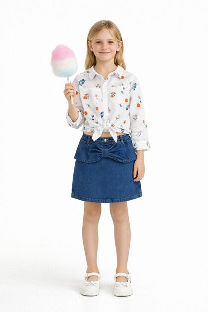 Bowknot Denim Skirt Floral Shirt 2-Piece Girls' Set