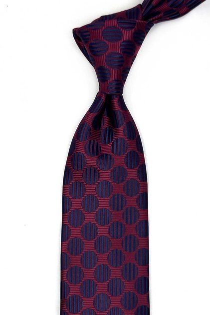 Burgundy - Navy Blue Polka Dot Pattern Classic Tie with Handkerchief Kk13618