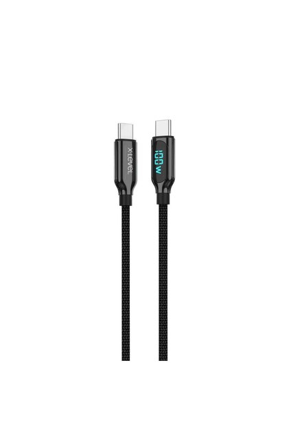 XCC8406 100W 5A Type-C to Type-C Akım Göstergeli Dijital Ekranlı Örgü Şarj Kablosu 1 Metre