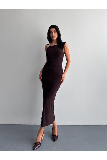 One Shoulder Buckled Long Dress Brown