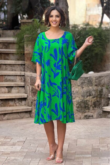 V3-Green Gardenia Patterned Square Neck Dress