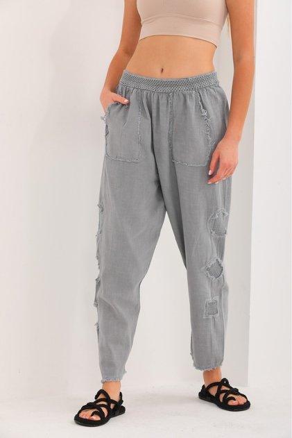 Women's Gray Elastic Waist Mesh Detailed Linen Pants Nj121