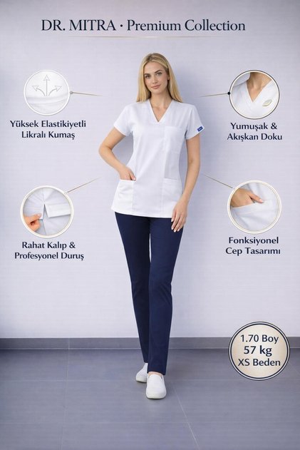 Üst Beyaz Alt Lacivert Likralı Hemşire Doktor Forması Unisex Cerrahi Takım Scrubs Üniforma