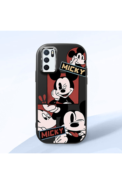Oppo A55 4g Compatible Shock-Absorbing Camera Protected Black Silicone Case Mickey Patterned
