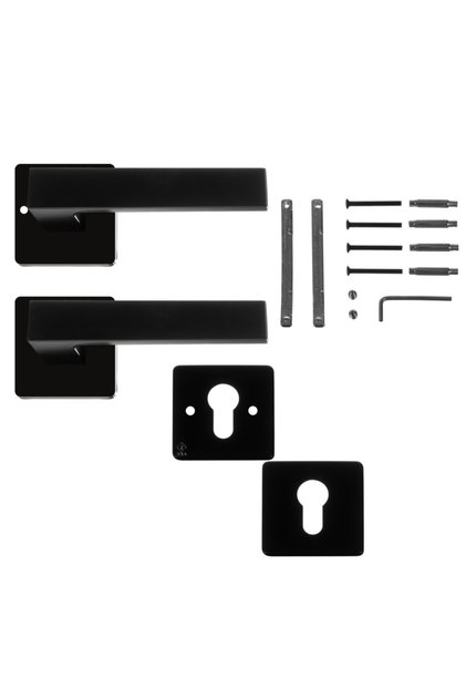 Set de 2 mânere cu două fețe pentru uși, rozetă pentru chei, aluminiu/fier, cu montare, 5,3x5x14 cm