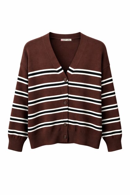7028 Women's Striped Basic Knitwear Cardigan Light Brown