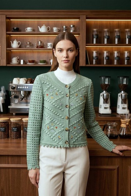 Floral Embroidery Detailed Pompom Short Cardigan - Water Green