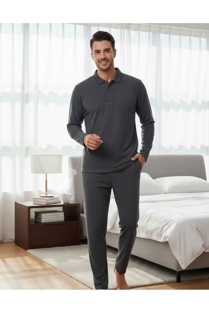 Polo Collar Tippled Selanic Texture Woven Piece Men's Pajama Set 303