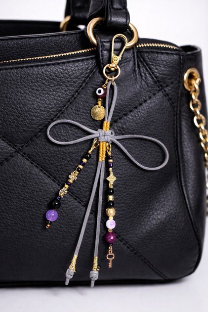 Handmade Luck Knot Suede Threaded Gold Detailed Charm with Letter C Bag and Letter a Keychain in Gray Color