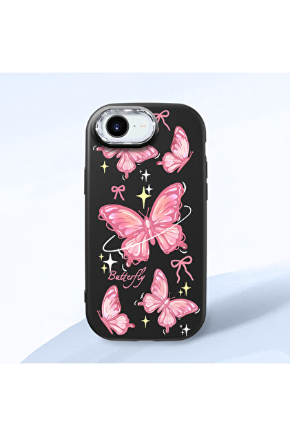 iPhone 17E Compatible Camera Protected Black Soft Silicone Phone Case Butterfly Pattern