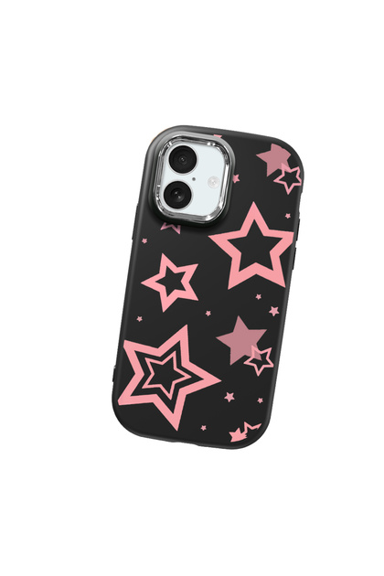 iPhone 17 Compatible Camera Protected Black Soft Silicone Phone Case Pink Star