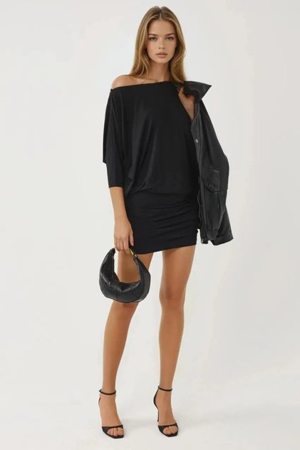 Women's Black One-Shoulder Bat Sleeve Draped Mini Dress
