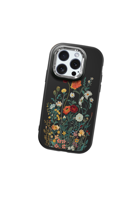 iPhone 15 Pro Compatible Camera Protected Black Soft Silicone Phone Case Floral Print
