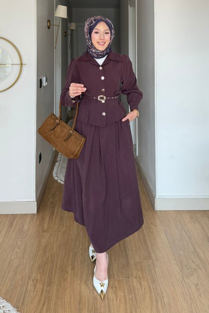 Nale Cupra Tansel Fabric Belt Piece Shirt-Skirt Hijab Set- Plum