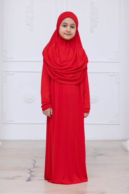 Practical Children's Prayer Dress with Headscarf, One-Piece Children's Prayer Outfit (Ages 8-12) Red