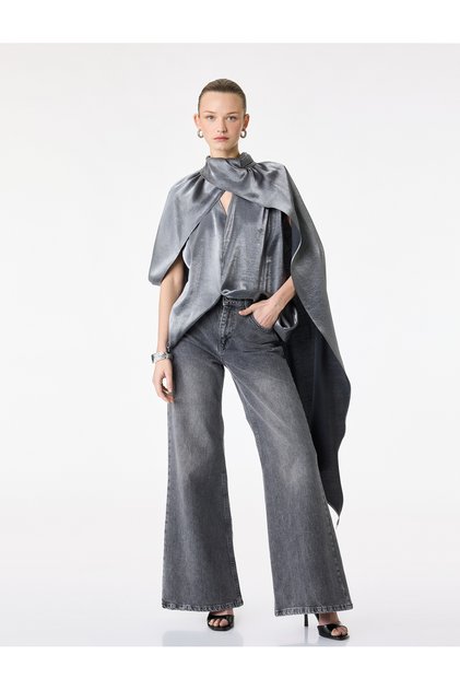 Grey Sleeveless Asymmetric Cut High Neck Satin Cape Blouse